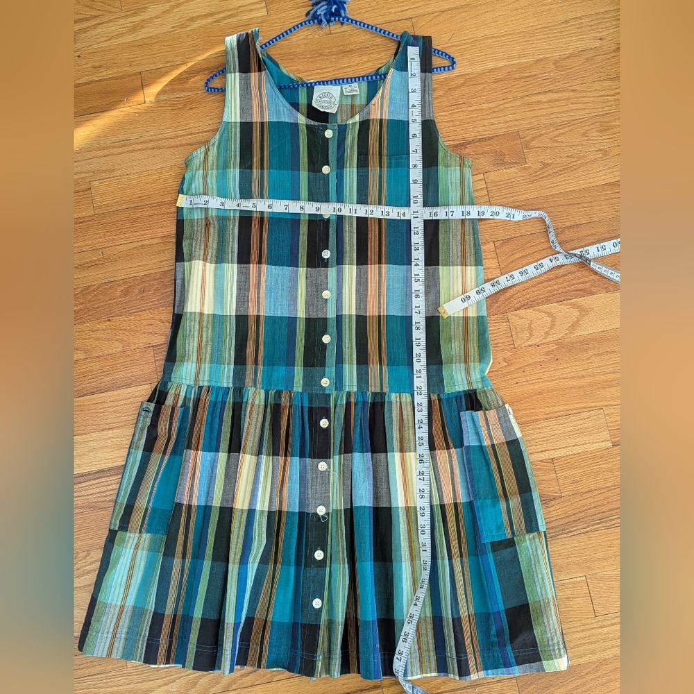 Vintage Drop Waist Sleeveless Plaid Button-Front Dress - Teal Multi